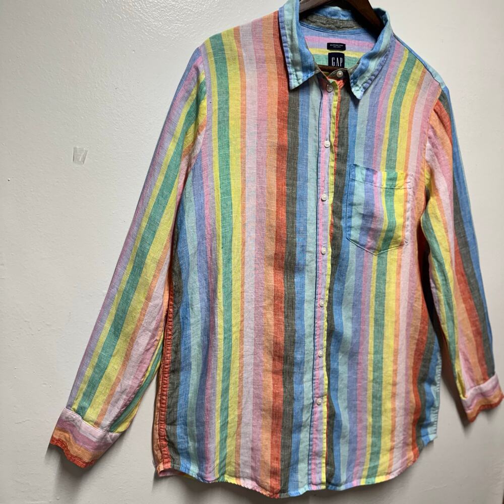 GAP Boyfriend Shirt Linen Stripe Button Up Top Sz L Coastal Beach Colorful - Picture 2 of 10